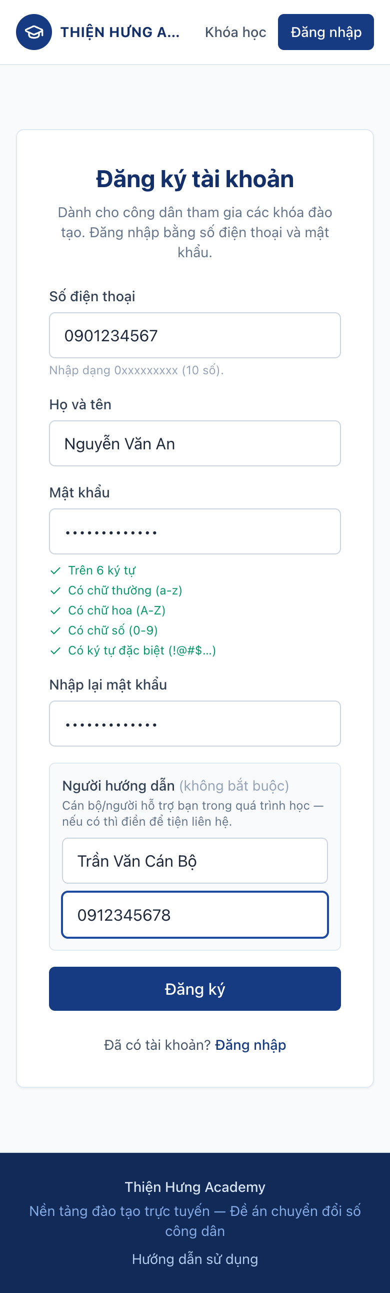 Màn hình đăng ký tài khoản